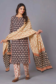 Noir Leaf Handblock Cotton Suit Set - Himdim Wear