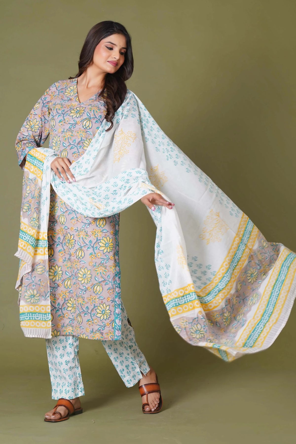 Sunlit Blossom Handblock Cotton Suit Set - Himdim Wear
