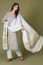 Sunlit Blossom Handblock Cotton Suit Set - Himdim Wear