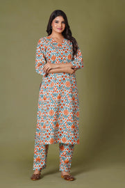 Tangerine Mosaic Handblock Cotton Suit Set - Himdim Wear