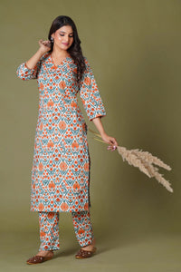 Tangerine Mosaic Handblock Cotton Suit Set