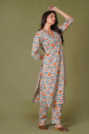 Tangerine Mosaic Handblock Cotton Suit Set - Himdim Wear