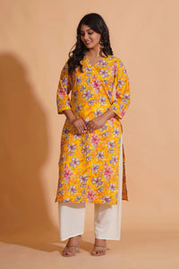 Vibrant Yellow Floral Cotton Kurta