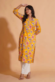 Vibrant Yellow Floral Cotton Kurta Set with Palazzo - Himdim Wear