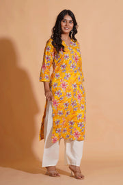 Vibrant Yellow Floral Cotton Kurta Set with Palazzo - Himdim Wear