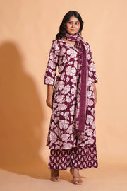 Women's Majestic Maroon A-Line Floral Suit Set - Himdim Wear