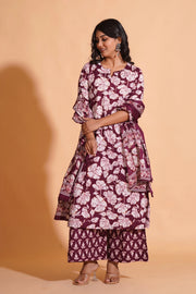 Women's Majestic Maroon A-Line Floral Suit Set - Himdim Wear