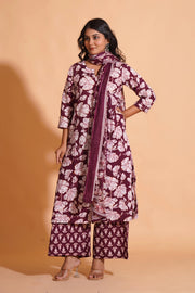 Women's Majestic Maroon A-Line Floral Suit Set - Himdim Wear