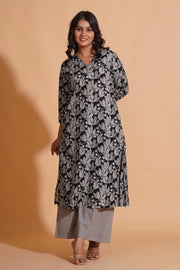 Women's Monochrome Leaf Print A-Line Kurta Set - Himdim Wear