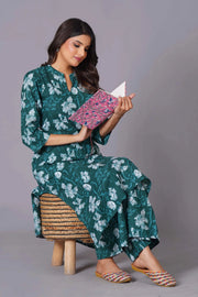 Women's Teal Bloom A-Line Cotton Flared Kurta Set - Himdim Wear