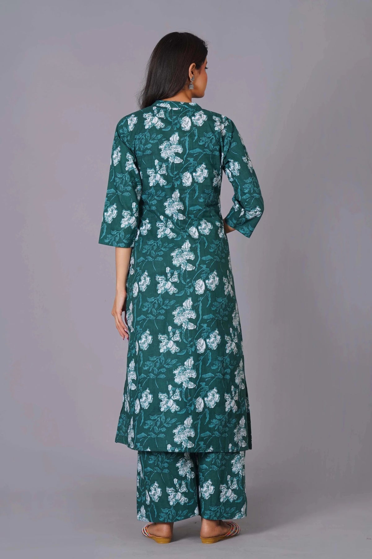 Women's Teal Bloom A-Line Cotton Flared Kurta Set - Himdim Wear