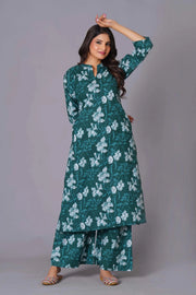 Women's Teal Bloom A-Line Cotton Flared Kurta Set - Himdim Wear