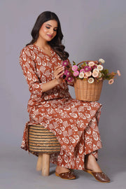 Women's Terracotta Ikat Handblock A-Line Cotton Suit Set - Himdim Wear
