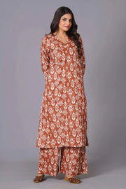 Women's Terracotta Ikat Handblock A-Line Cotton Suit Set - Himdim Wear