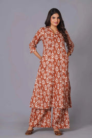 Women's Terracotta Ikat Handblock A-Line Cotton Suit Set - Himdim Wear